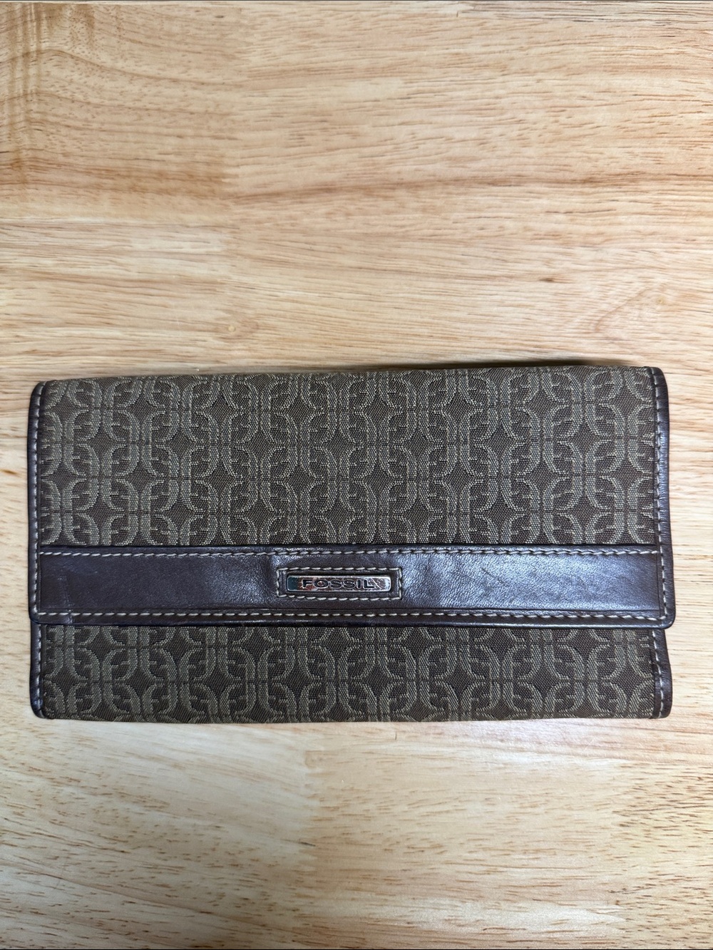 Fossil Brown Monogram Fold Wallet with Dark Brown Trim